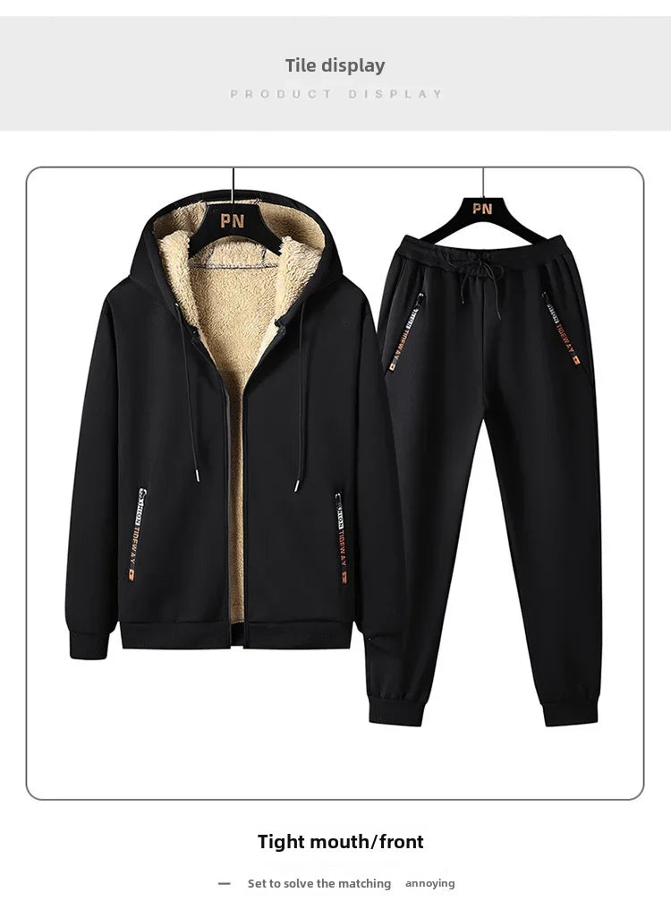 Thickened Fleece-lined Men's Jacket Casual Sport Suit Trendy Men's Clothing Pants