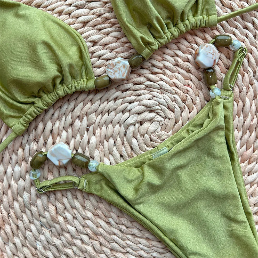 Solid Green Swimwears Sexy Halter Triangle Bead String Bikini Mini Micro Thong Swimsuit Woman 2025 Summer Brazilian Bikinis Sets