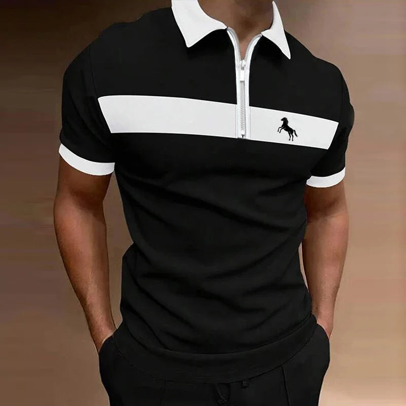 Men Clothes Summer Fashion Spell Color Zipper Polo Shirt .