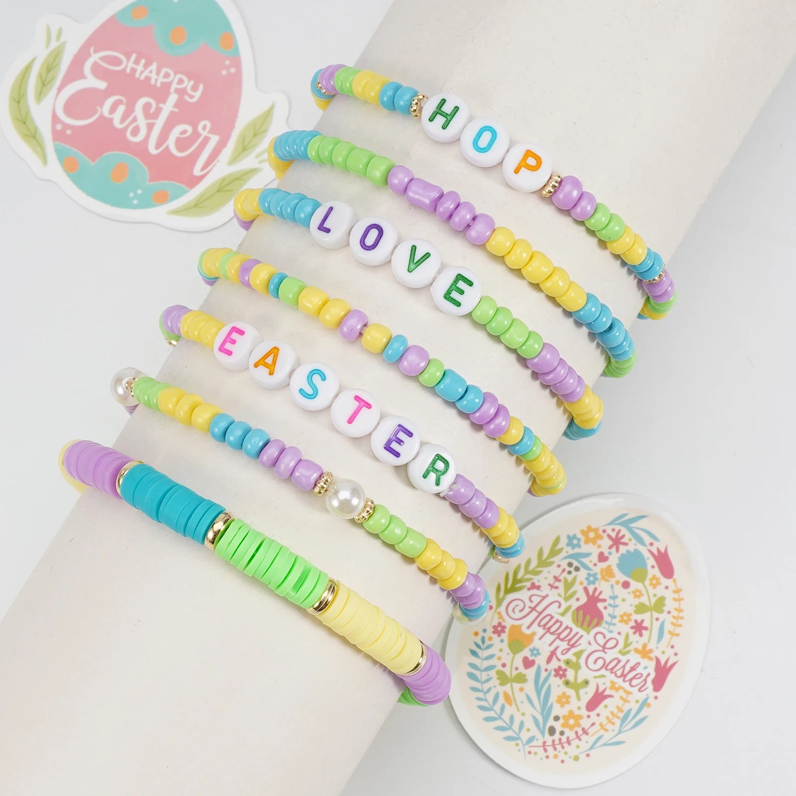 Easter Bracelets Set Colorful Stackable clay Beaded Stretch Bracelets Boho Vinyl Disc Bracelets for Women