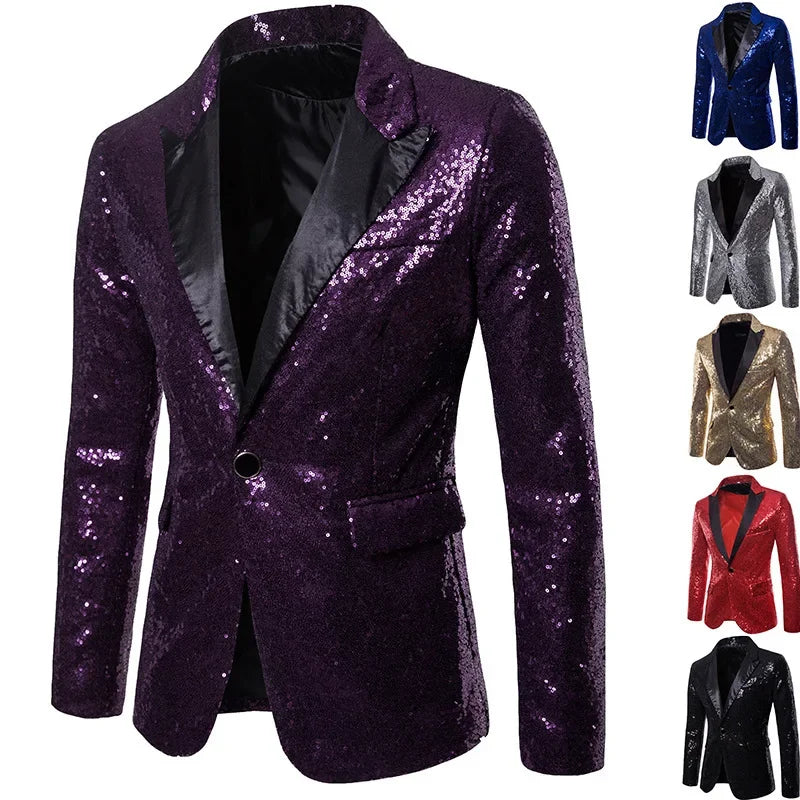 Nightclub Men's Clothing Long Sleeve Sequined Blazer Jacket Single Button Solid Color