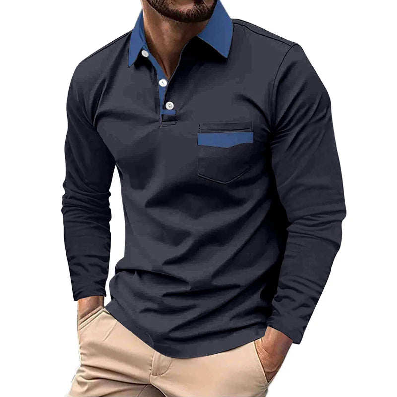 Spring Autumn Men Clothes Long Sleeve Business Casual Golf Polo Shirt Men Clothes Sport Pure Color Big Pocket Polo T Shirt Tops