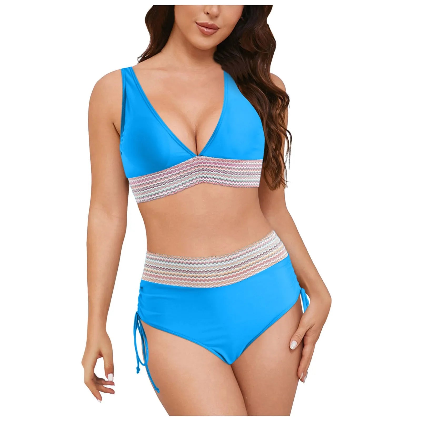 Swimwear Plus Size Women Women High Waisted Bikini Sets Swimsuits Color Block Two Piece Drawstring купальники жіночий 2025