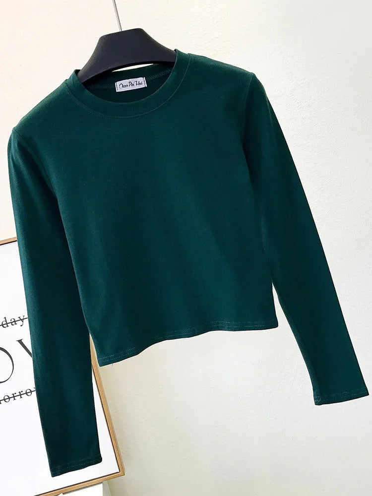 Sexy Black  Women's Clothing O-Neck Long Sleeve Navel Autumn Base Women's Clothing Fashion Casual Ropa Mujer