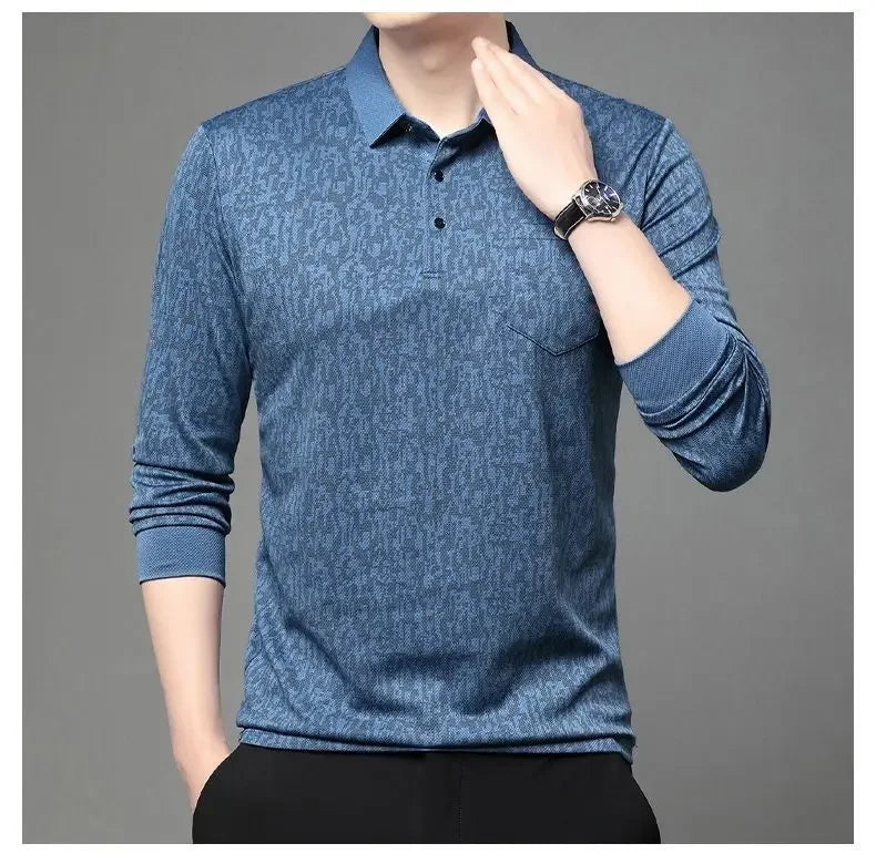 Long-sleeved Lapel T-shirt Trendy Casual Versatile Polo Tops Men's Clothing