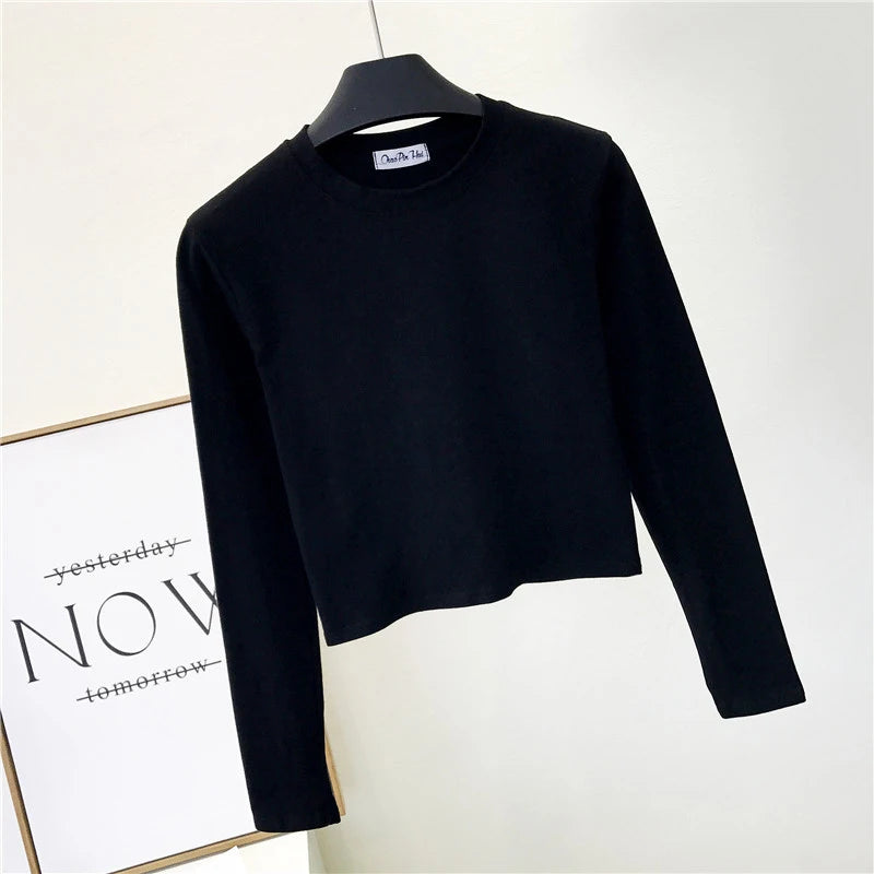 Sexy Black  Women's Clothing O-Neck Long Sleeve Navel Autumn Base Women's Clothing Fashion Casual Ropa Mujer
