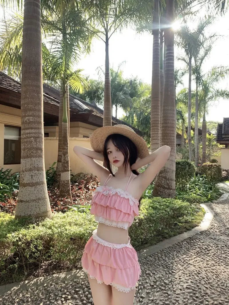 Bikini Sets Women Kawaii Girlish Leisure Beachwear Patchwork Sexy Ruffles Japan Style Summer Students Young Stylish Chic Mujer