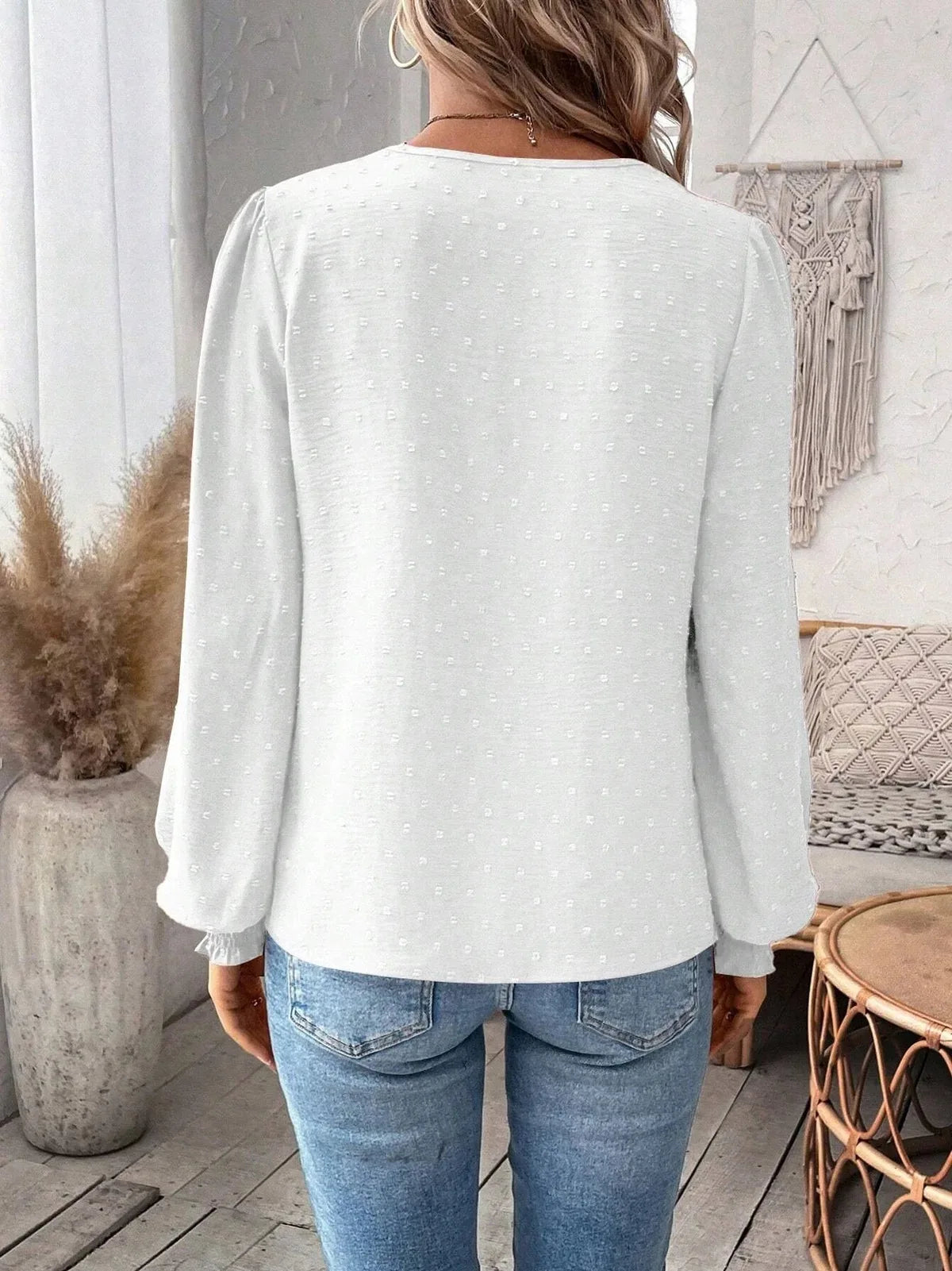 2024 Autumn Women's Clothing New Sexy V-neck Fashionable Lace Patchwork Solid Color Shirt Long Sleeved Shirt Women's Clothing