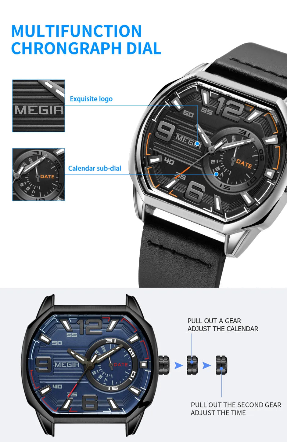 MEGIR Relogios Masculino Fashion Mens Sports Watches Luxury Leather Quartz Wristwatch Man Casual Wrist Watch Clock Montre Homme