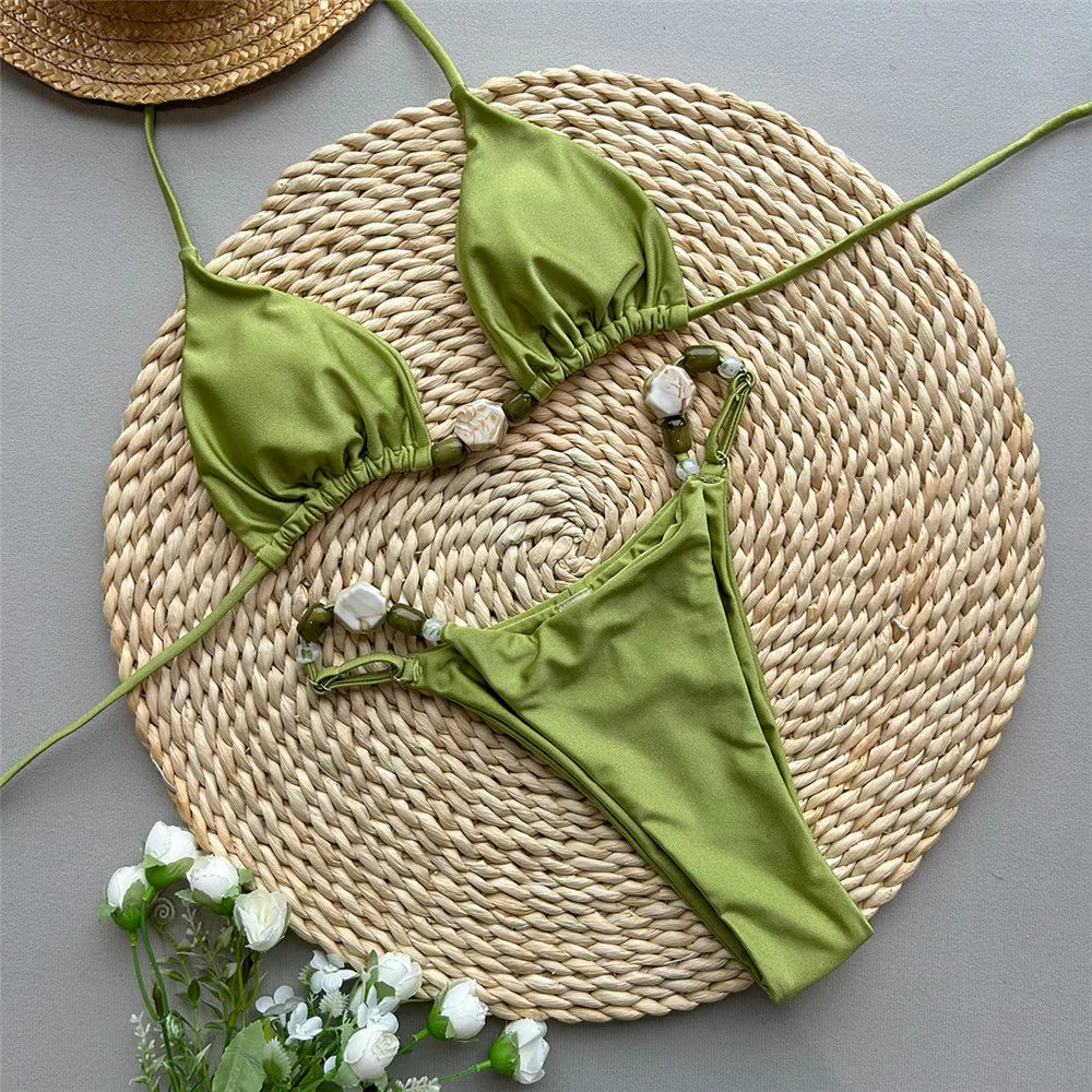Solid Green Swimwears Sexy Halter Triangle Bead String Bikini Mini Micro Thong Swimsuit Woman 2025 Summer Brazilian Bikinis Sets
