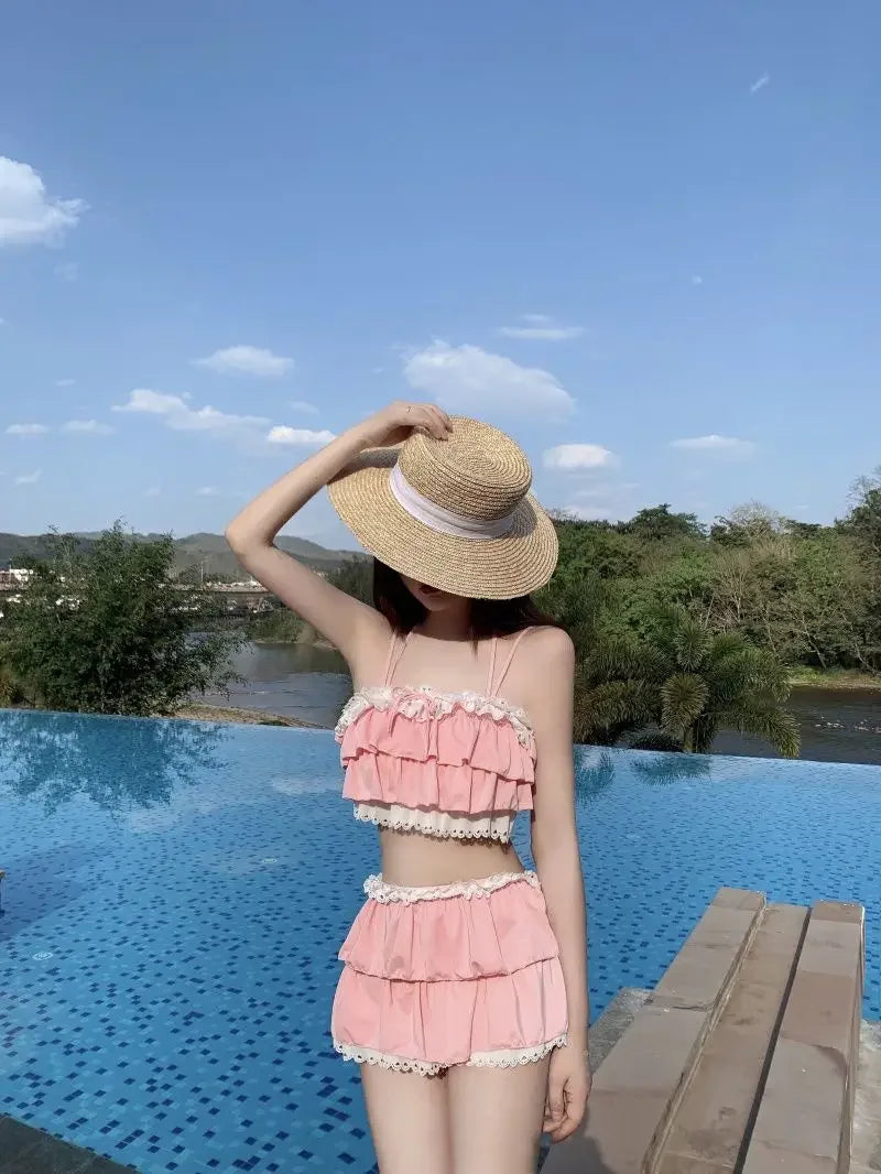 Bikini Sets Women Kawaii Girlish Leisure Beachwear Patchwork Sexy Ruffles Japan Style Summer Students Young Stylish Chic Mujer