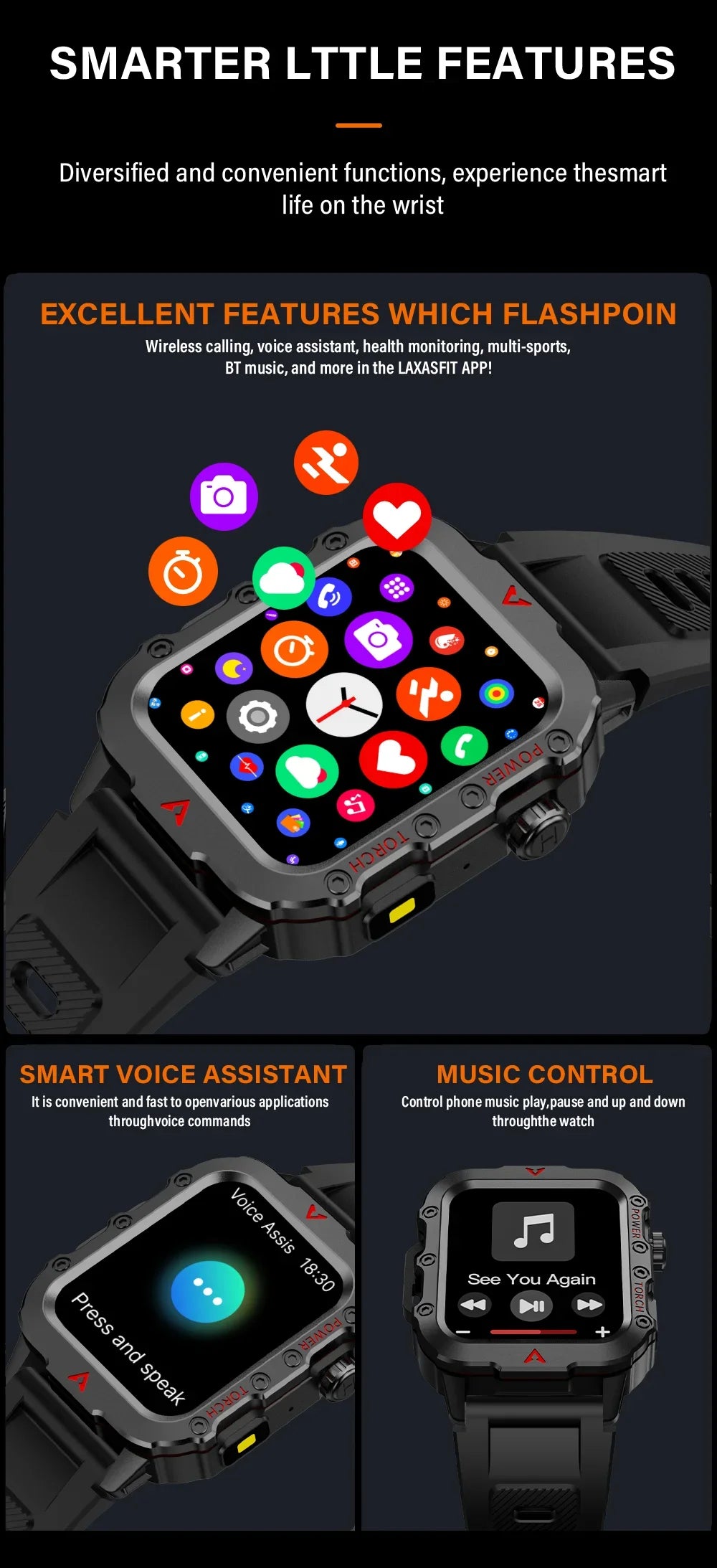2024 Military Montres Hommes Smartwatch LED Outdoor Sports Watches For Men Women 1.73inch Bluetooth reloj hombre Smart Watch