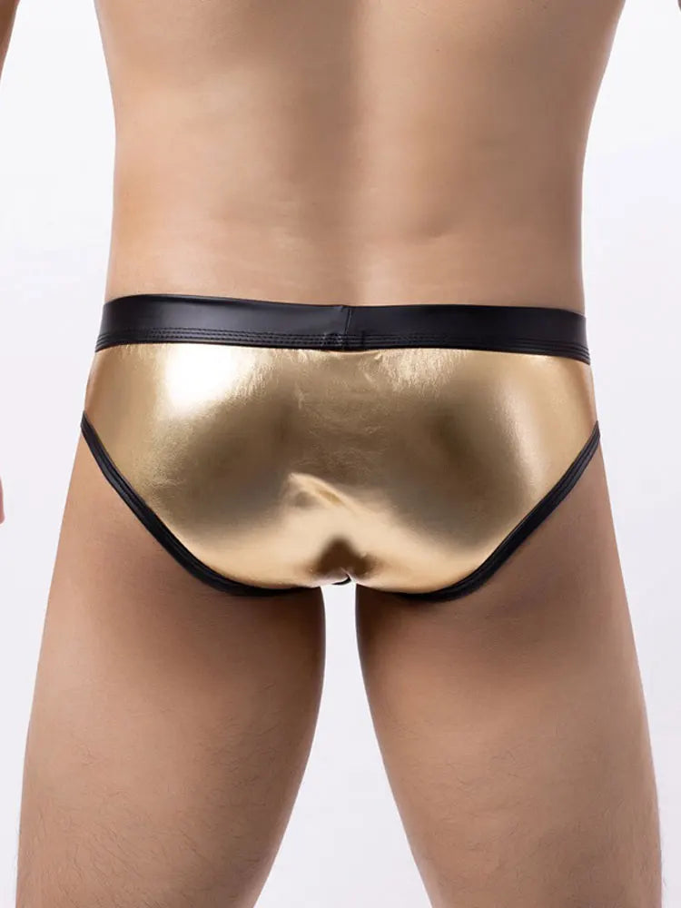 Men's Panties PU Shiny Sexy Lingerie Low Waisted Bulge Pouch Underwear Briefs New In Now Man Underpants Sissy Patchwork Panties