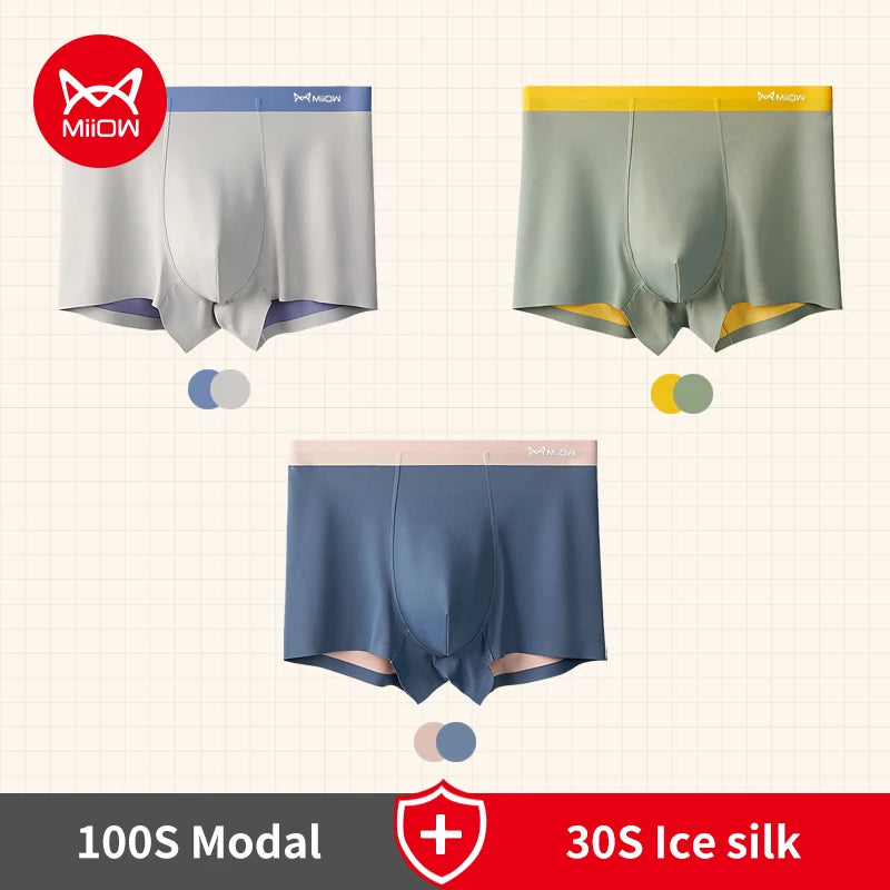 MiiOW 3Pcs 100S Modal Men Boxers Underwear Silky Ice Silk Men's Panties Boxershorts 5A Antibacterial Breathable Man Underpants