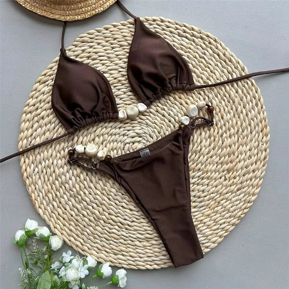Solid Green Swimwears Sexy Halter Triangle Bead String Bikini Mini Micro Thong Swimsuit Woman 2025 Summer Brazilian Bikinis Sets