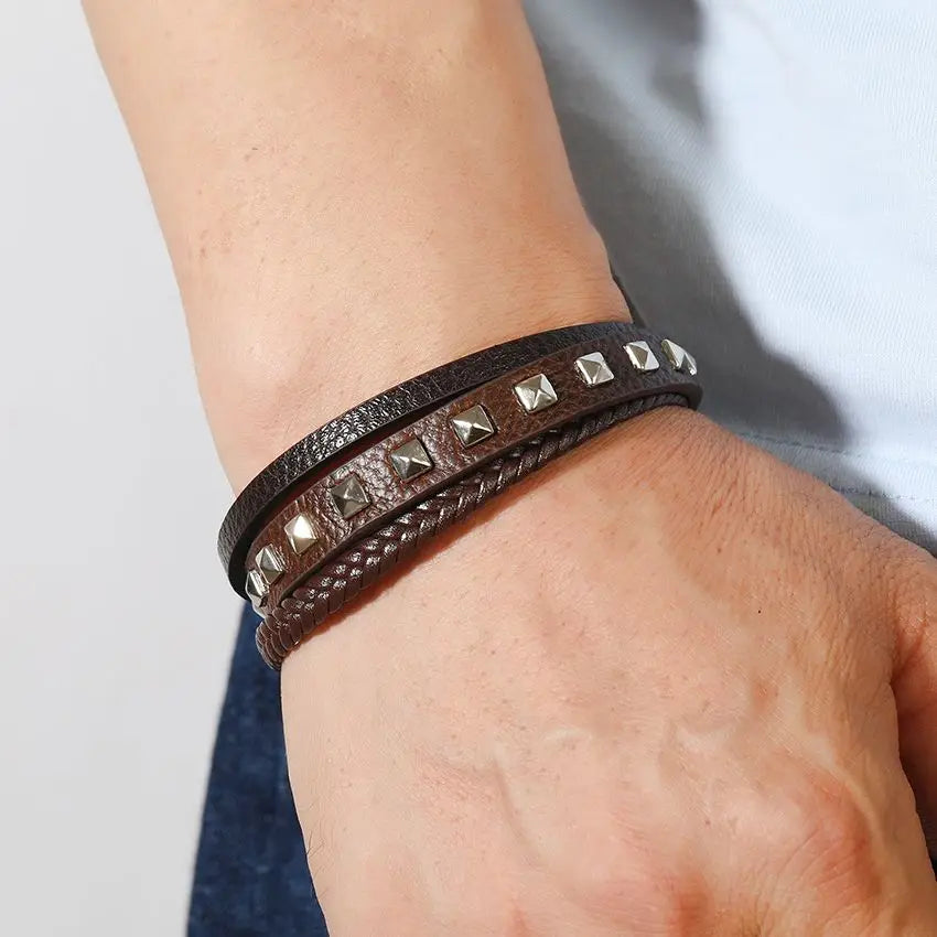 Trendy  Leather Bracelets Men Stainless Steel Multilayer Braided Rope Bracelets For Male Bracelets Jewelry Pulsera Hombre