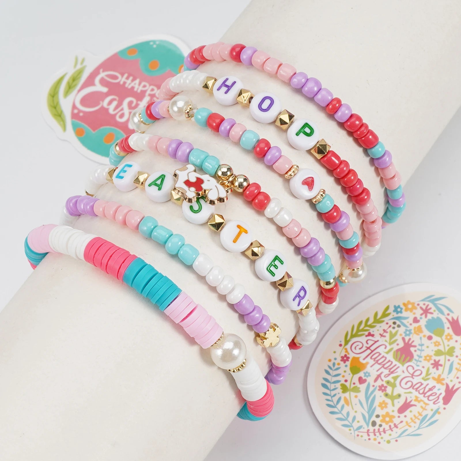 Easter Bracelets Set Colorful Stackable clay Beaded Stretch Bracelets Boho Vinyl Disc Bracelets for Women