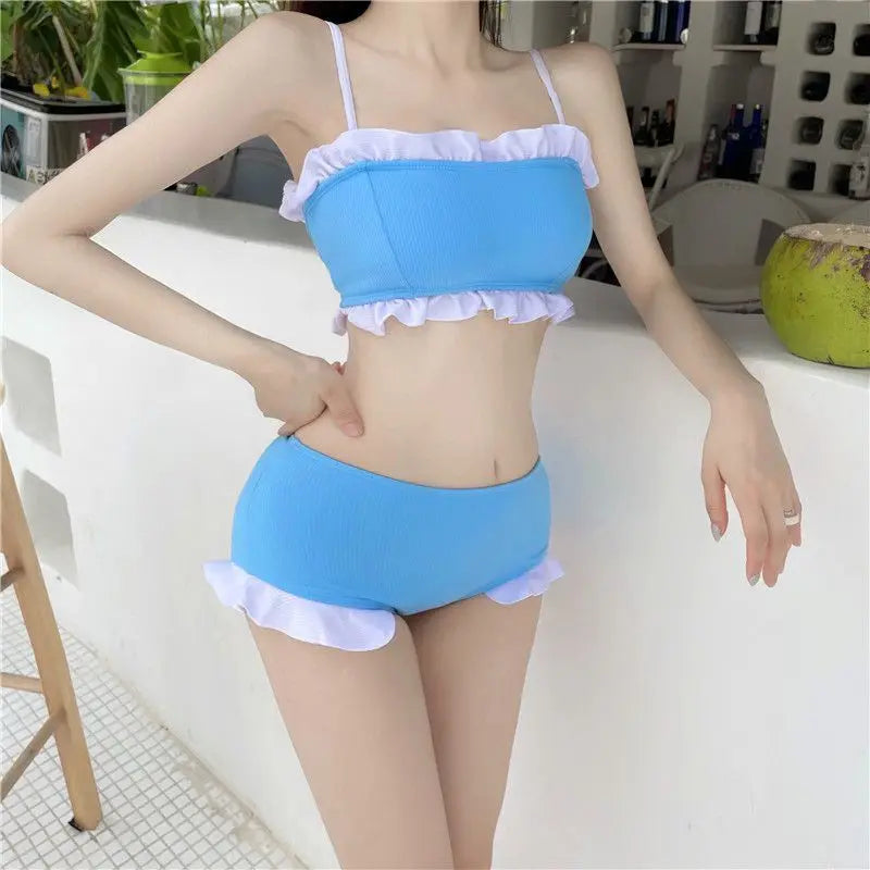 Bikini Sets Women Kawaii Girlish Leisure Beachwear Patchwork Sexy Ruffles Japan Style Summer Students Young Stylish Chic Mujer