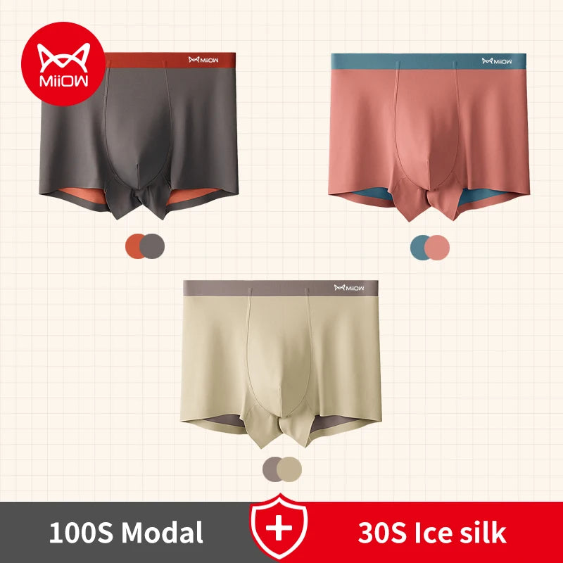 MiiOW 3Pcs 100S Modal Men Boxers Underwear Silky Ice Silk Men's Panties Boxershorts 5A Antibacterial Breathable Man Underpants