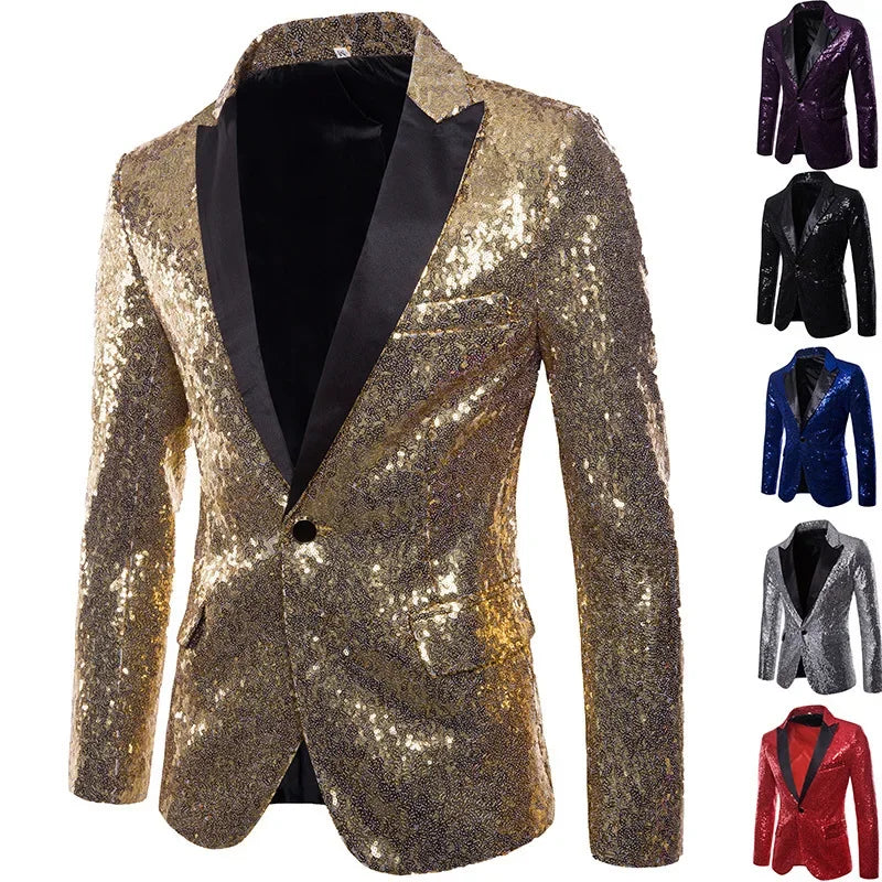 Nightclub Men's Clothing Long Sleeve Sequined Blazer Jacket Single Button Solid Color