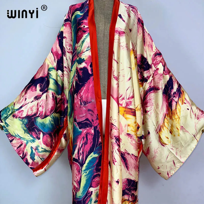 WINYI kimono Africa summer boho print Bikini Cover-up Elegant fashion Cardigan sexy Holiday long Sleeve silk feeling maxi dress