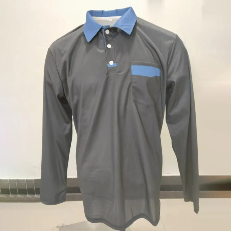 Spring Autumn Men Clothes Long Sleeve Business Casual Golf Polo Shirt Men Clothes Sport Pure Color Big Pocket Polo T Shirt Tops