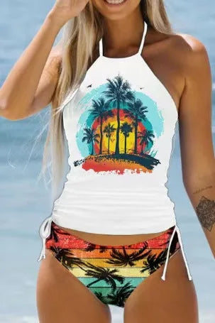 Bikinis Set Tied Halter Swimsuit Women Swimwear Biquinis Backless Beach Bathing Suit Drawstring Side Halter Neck Tankini Set