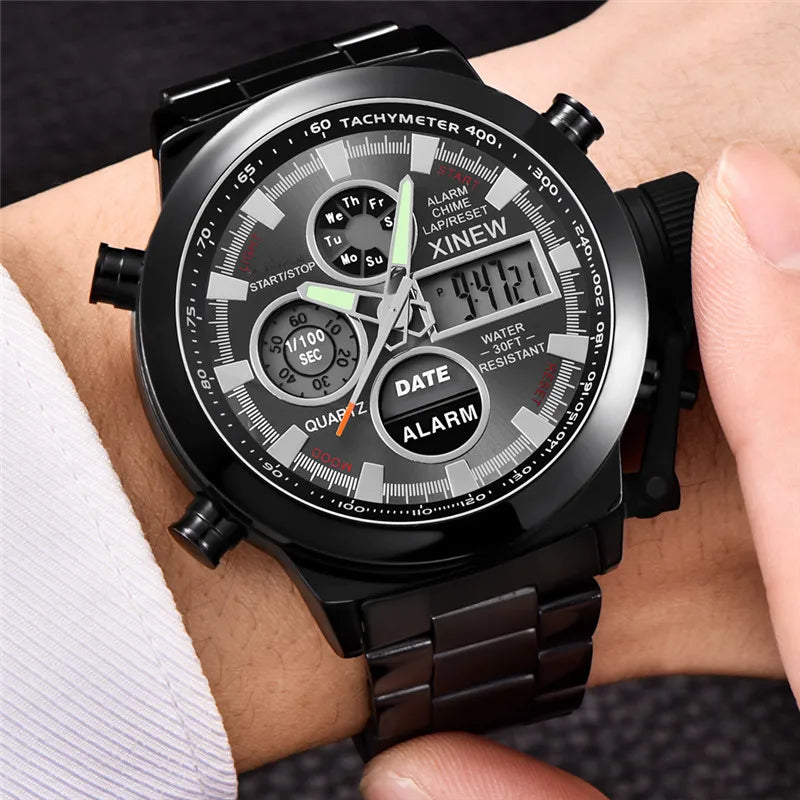 Montre Homme Men Original XINEW Brand Watches Fashion Casual Alloy Band Dual Time Electronic Watch Black Relogio Masculino 2024