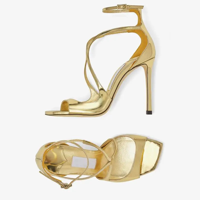 Patent Leather Solid Color Square Toe Thin Heels Hollow Ankle Strap Sandals Super High Heel Open Toe Outdoor Casual Women Sandal