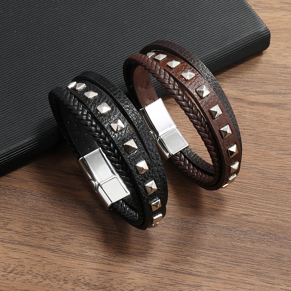 Trendy  Leather Bracelets Men Stainless Steel Multilayer Braided Rope Bracelets For Male Bracelets Jewelry Pulsera Hombre