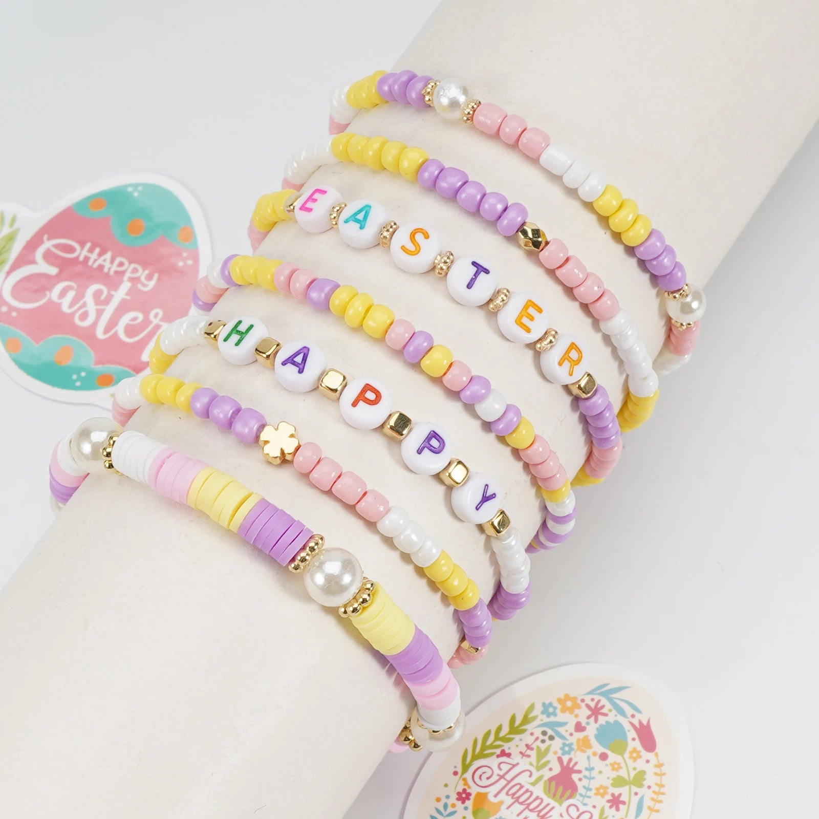 Easter Bracelets Set Colorful Stackable clay Beaded Stretch Bracelets Boho Vinyl Disc Bracelets for Women