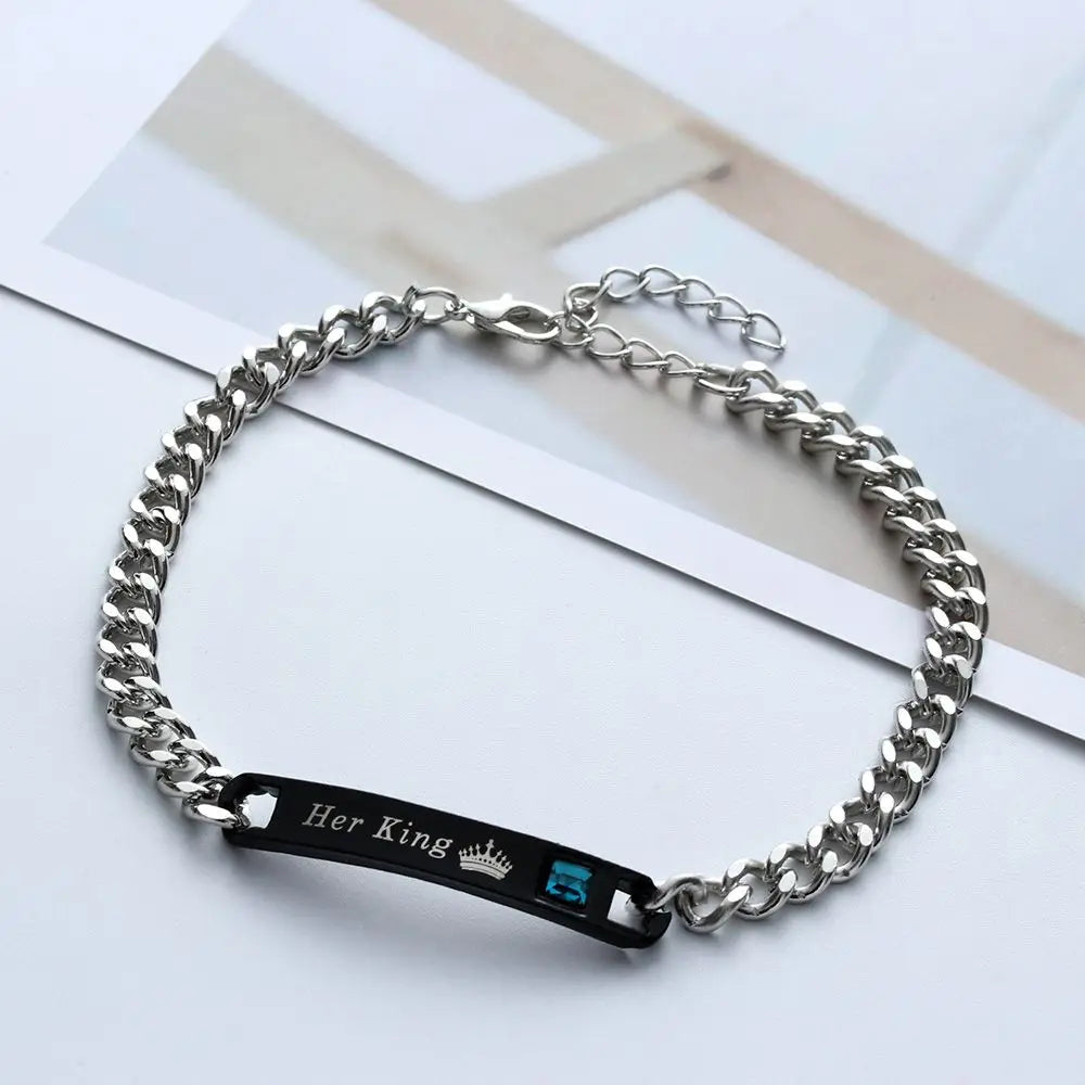 Couple Bracelets Stainless Steel Love Bangle Her King His Queen Bracelets Crystal Crown Bracelets Women's Bracelets