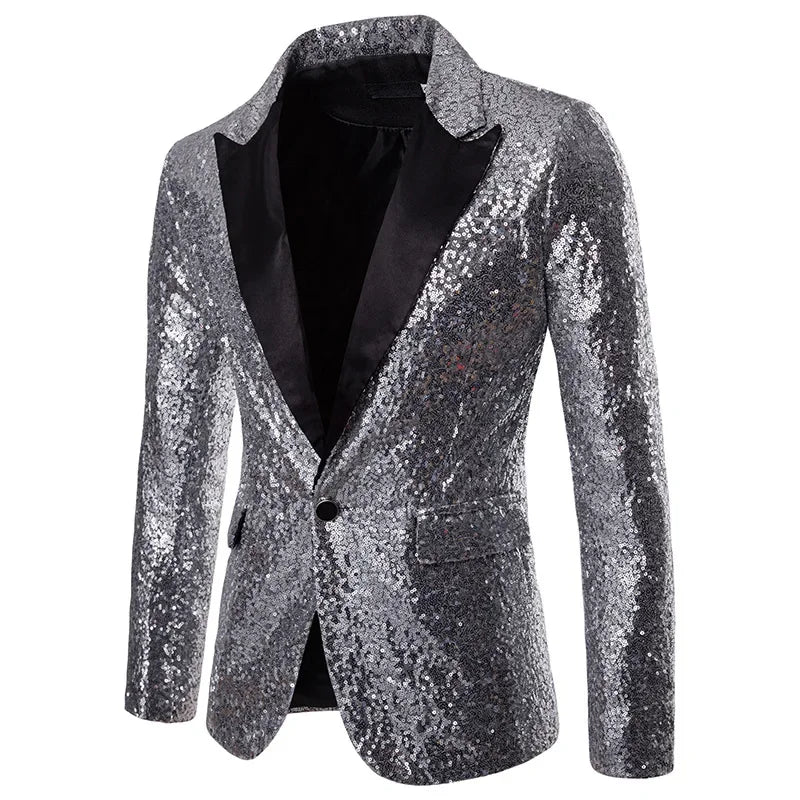 Nightclub Men's Clothing Long Sleeve Sequined Blazer Jacket Single Button Solid Color