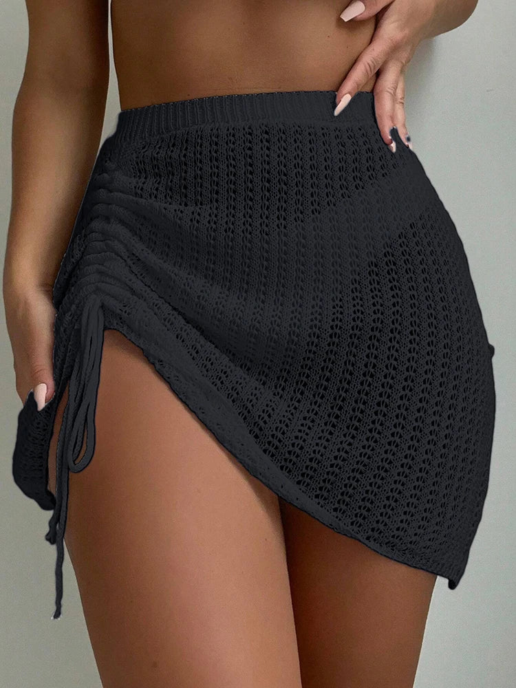 2024 Summer Beach Fashion Elegant Short Skirt with Hollow Drawstring Bikini Mask Knitted Short Skirt for Women