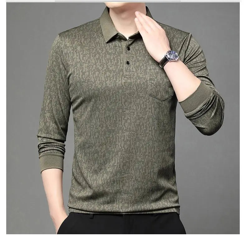 Long-sleeved Lapel T-shirt Trendy Casual Versatile Polo Tops Men's Clothing