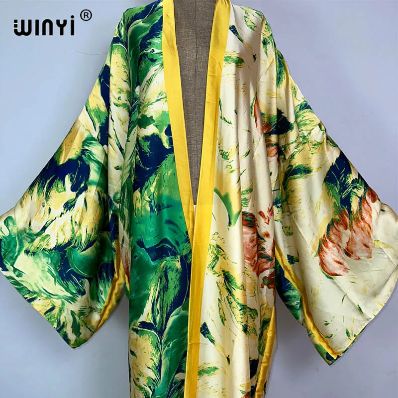 WINYI kimono Africa summer boho print Bikini Cover-up Elegant fashion Cardigan sexy Holiday long Sleeve silk feeling maxi dress