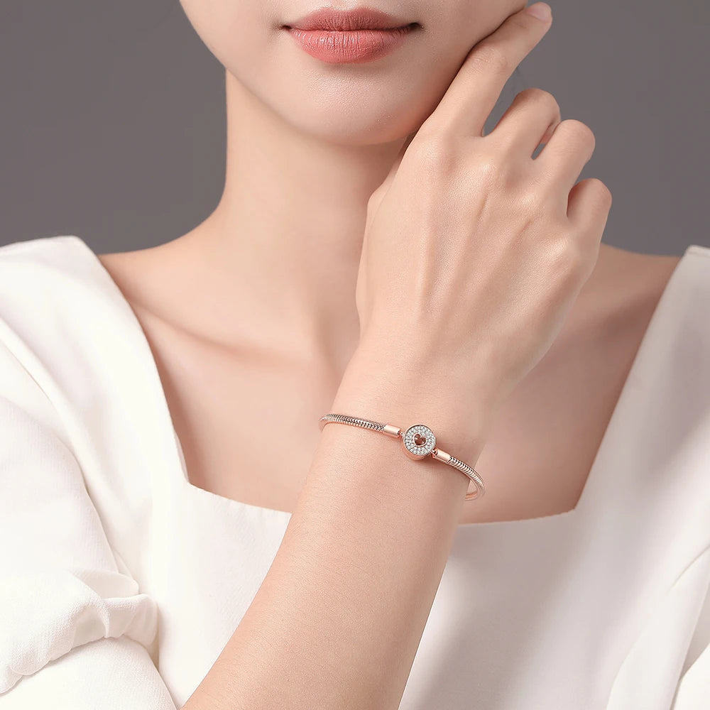 Danturn 925 Sterling Silver Bracelets Rose Gold Pavé & Heart Clasp Snake Chain Bracelets Fashion Bracelets Women Charm Bracelets