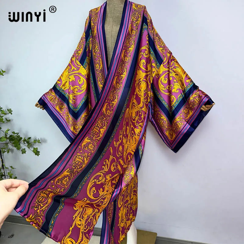 WINYI kimono Africa summer boho print Bikini Cover-up Elegant fashion Cardigan sexy Holiday long Sleeve silk feeling maxi dress