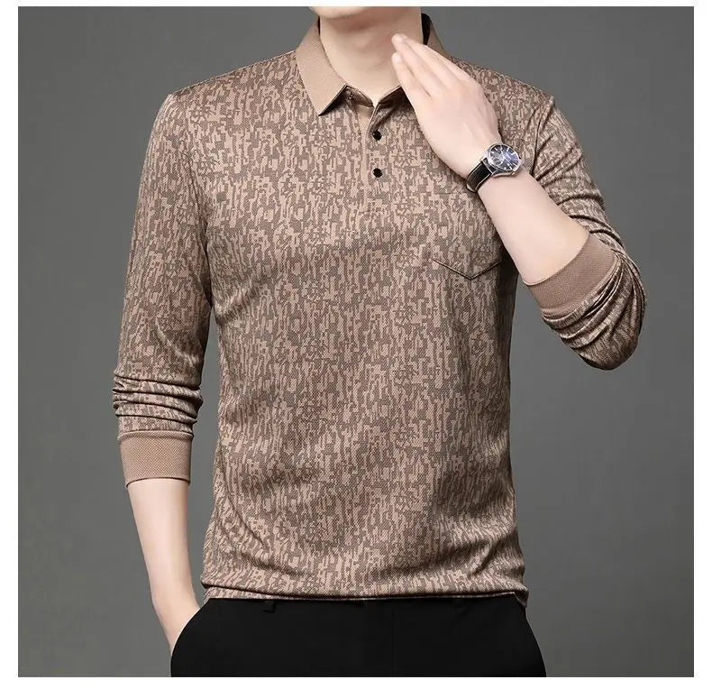 Long-sleeved Lapel T-shirt Trendy Casual Versatile Polo Tops Men's Clothing