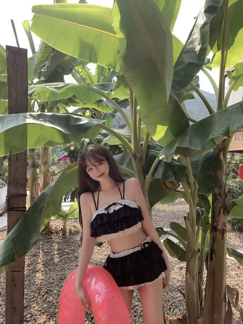 Bikini Sets Women Kawaii Girlish Leisure Beachwear Patchwork Sexy Ruffles Japan Style Summer Students Young Stylish Chic Mujer