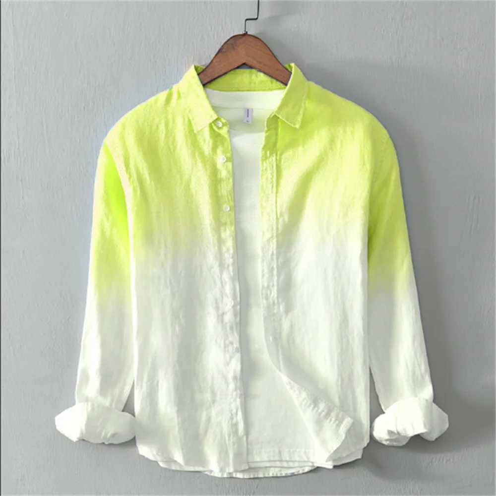 Men's clothing linen casual comfortable long sleeve shirt fashionable gradient trendy men's clothing oversized design