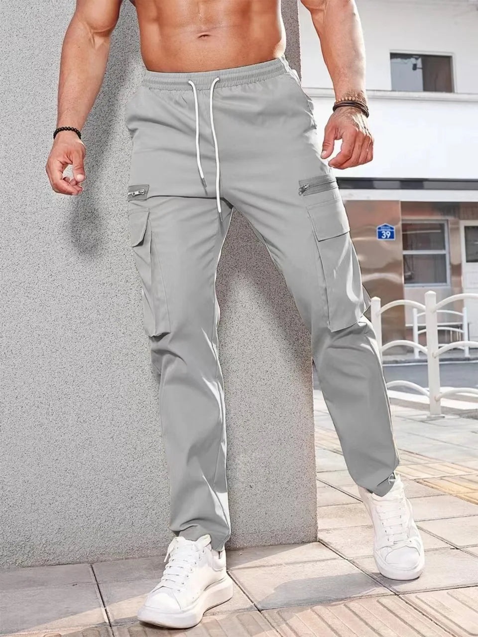 Jogger Casual Sports Zipper Decorated Cargo Pants Waist Pull Rope Men's Plus-size Braided Solid Color Zipper Cargo Pants