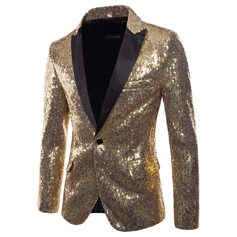 Nightclub Men's Clothing Long Sleeve Sequined Blazer Jacket Single Button Solid Color