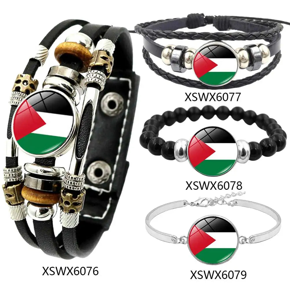 Palestinian Flag Bracelet Fashion Leather Braided Bracelets Glass Cabochon Bracelets Palestinian Souvenir Bracelets Jewelry Gift
