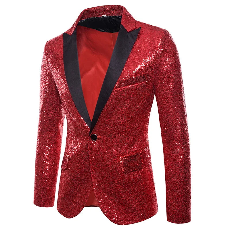 Nightclub Men's Clothing Long Sleeve Sequined Blazer Jacket Single Button Solid Color