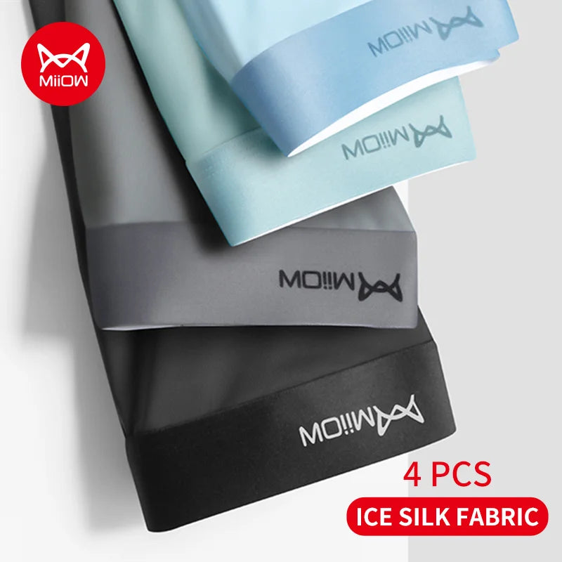 MiiOW 4Pcs Men Boxer Shorts Graphene Antibacterial Ice Silk Men Underwear Man Underpants Seamless Breathable Mens Panties L-5XL