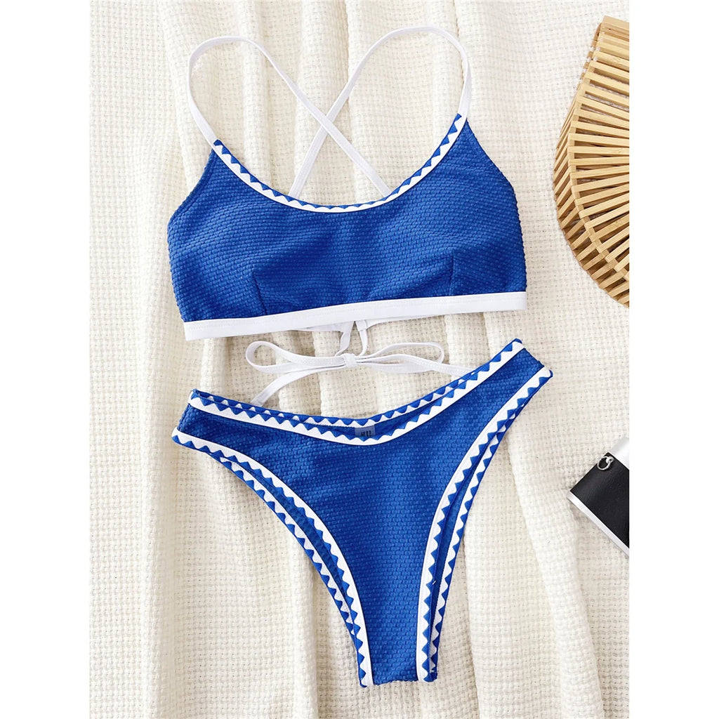 New Cross Back Brazilian High Cut Leg Bikini Women Swimwear Female Swimsuit Two-pieces Bikini set Bather Bathing Suit Swim V5582