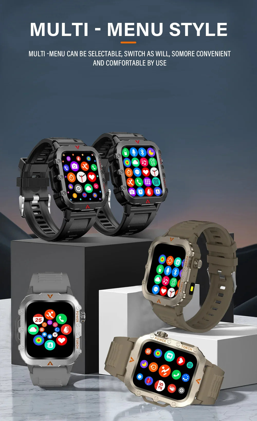 2024 Military Montres Hommes Smartwatch LED Outdoor Sports Watches For Men Women 1.73inch Bluetooth reloj hombre Smart Watch