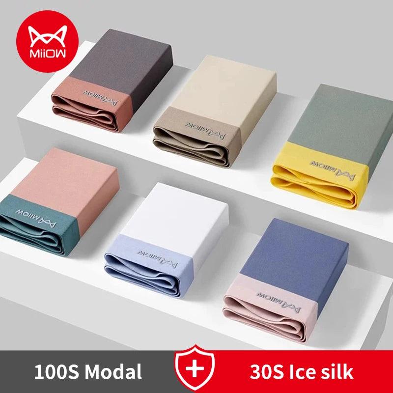 MiiOW 3Pcs Silky Ice Silk Men Underwear Boxers Modal Antibacterial Men's Boxer Panties Light Breathable Man Underpants Trunks