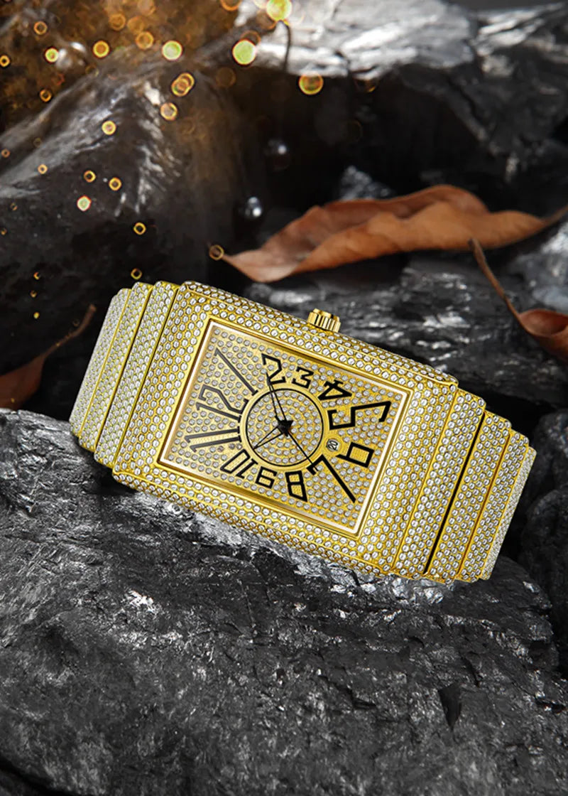 Montre Homme Big Brand Rectangle Men Watches Silver Fashion Casual Alloy Band Hip Hop Diamond Golden Luxury Date Quartz Watch DZ